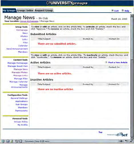 Managing homepage content It contains three sections: Submitted Articles. A list of all articles that have been submitted by members, but not yet reviewed and posted. Active Articles.