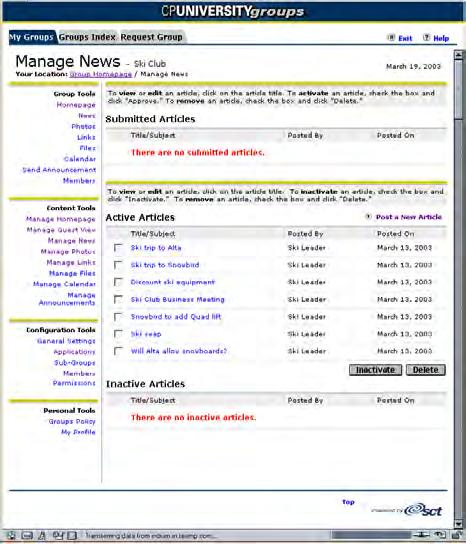 Managing news It contains three sections: Submitted Articles. A list of all articles that have been submitted by members, but not yet reviewed and posted.