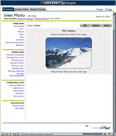 Managing photos You see the View Photo window displaying a larger view of the photo, the title of the photo, the name of the person who submitted the photo and the date it was submitted, and a photo