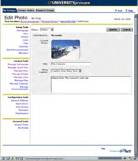 Managing photos 1. To change title or caption, click in the appropriate field (Title or Caption) and update the text. 2. To change status, select the appropriate option from the Status drop-down.