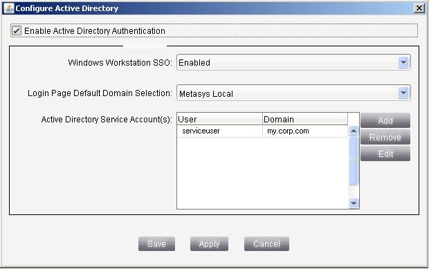 Figure 33: Configure Active Directory Service 3. Click to select the Enable Active Directory Authentication check box. The next three selections become editable. 4.
