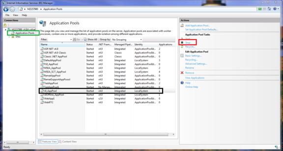 Figure 52: Application Pools 3. Select UI_AppPool. The Application Pool Tasks pane appears. 4. Click Stop. Using the DBCCT The DBCCT is intended for use by administrators only.