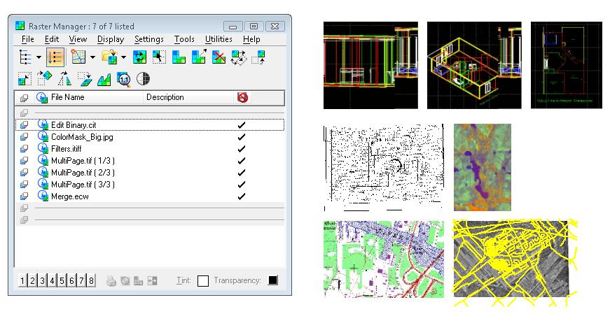 This means you can select rasters using the MicroStation Element Selection tool, put them on a level, add images to a selection set, and apply MicroStation tools such as
