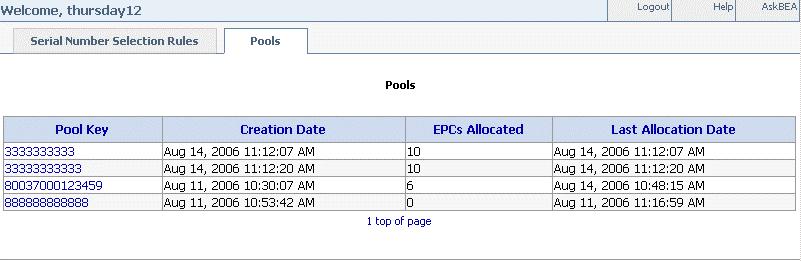 Using the Serial Number Assignment Service Figure 2-5 Pools Tab 3.