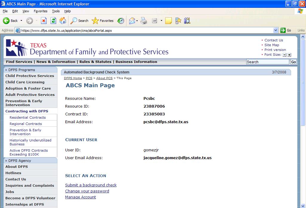 ABCS Provider Background Check Request Background check requests are submitted through a link on the ABCS Main Page.