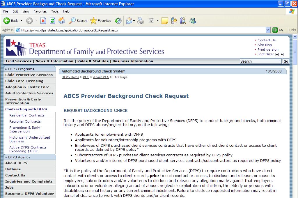 ABCS Provider Background Check Request Completed Data Entry Page