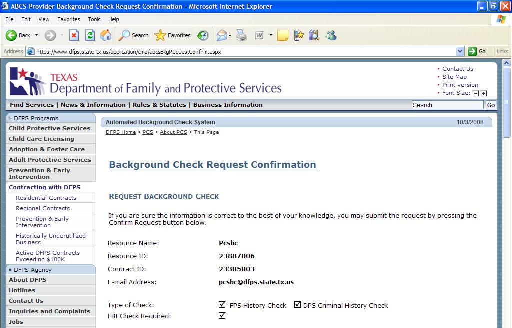 Background Check Request Confirmation Page This image