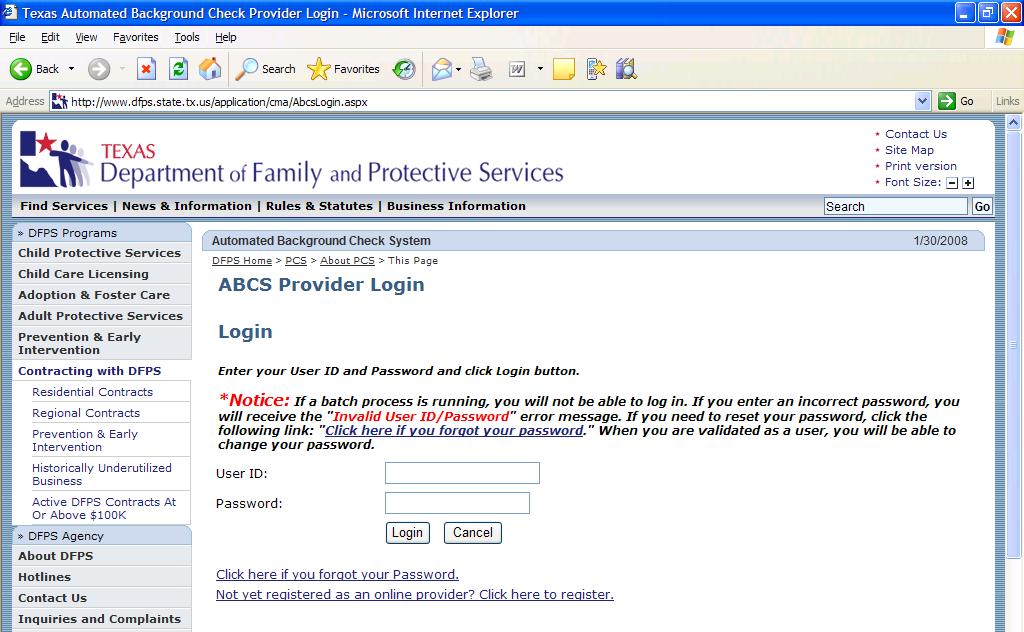 User Reset Password The user can reset his/her password through a link on the ABCS Provider Login Data Entry Page. There are two sections in resetting a password.