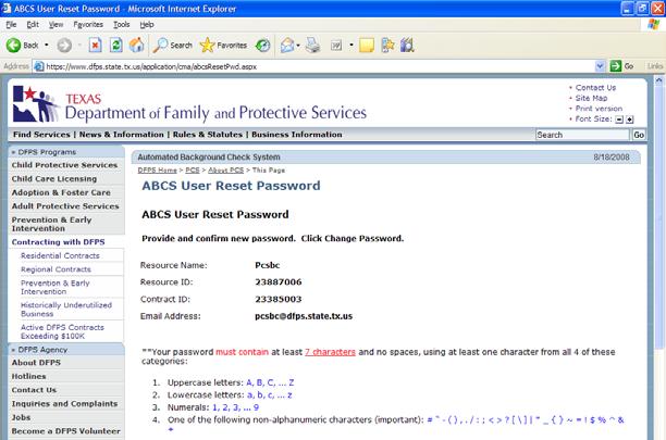 ABCS User Reset Password Data Entry Page Current User Profile Section User ID: The User Identification.
