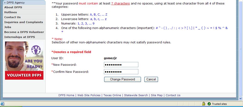 Entry fields. CHANGE PASSWORD BUTTON To reset the password, click on the Change Password button.