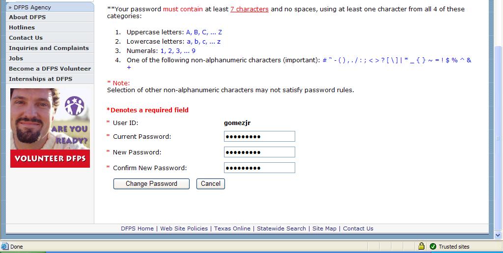 ABCS User Change Password Completed Data Entry Page CANCEL BUTTON Clicking on the Cancel button will return the user to the ABCS Main Page.