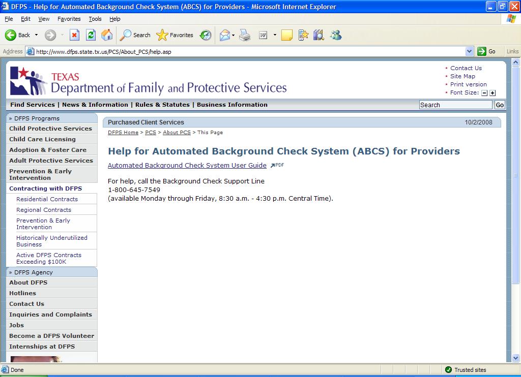 Help for for Providers Page Click on the Automated Background Check System User Guide link to open a PDF version of the user guide.