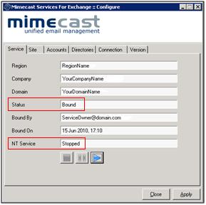 Binding MSE to Mimecast Once the configuration tool settings have been completed, the installation can be set to bind to Mimecast by selecting the Play button: The installer will now register the