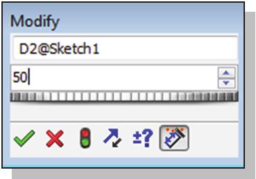Click OK in the Modify dialog box. 12. On your own, create the vertical size dimension of the sketched rectangle as shown. Enter 50 to set the length of the line. 13.