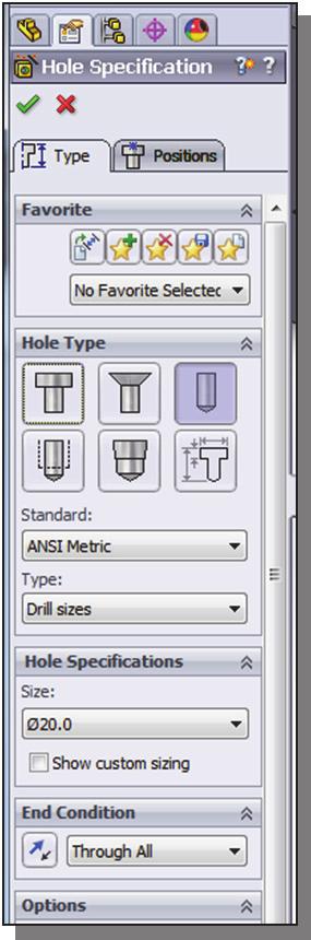 3-22 SolidWorks 2013 and Engineering Graphics 12. In Hole Property Manager, select the Type panel by clicking once with the left-mouse-button on the Type tab as shown. 12. Select the Type tab. 13.