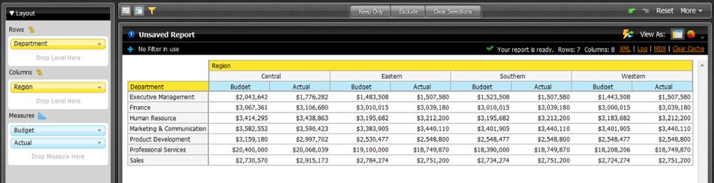 9. From the Format drop-down box, select Currency ($) so that your values display as dollar amounts. Click OK. 10.Click and drag the Region column to the Columns panel within the Layout panel.