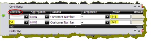 Under Comparisons you can click the drop-down list to display options for comparisons, =, <, >, and so on; (for example, where the customer number is equal to 144 or 145).