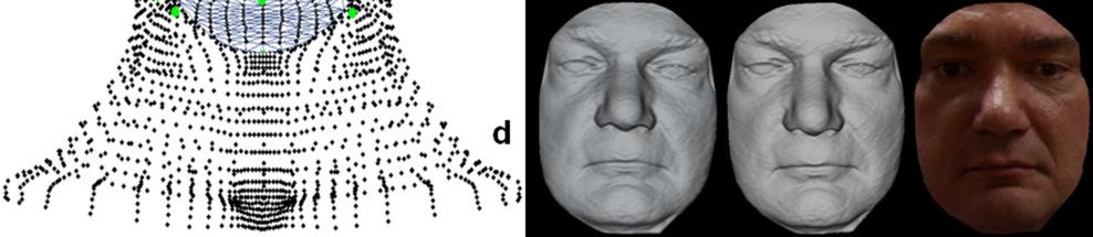 d) The target face, before alignment, after alignment without and with texture.