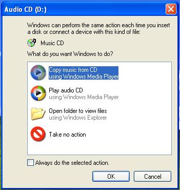 When prompted, select Copy music from CD using Windows Media Player. This will open Windows Media Player, if it is not currently running on your computer.