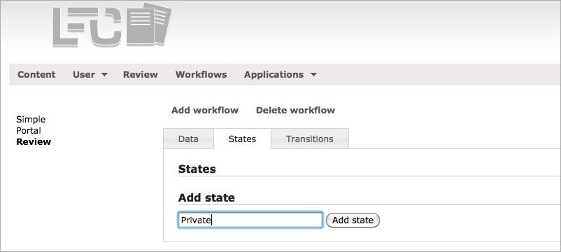 Enter Private into the text input field and click on Add state. Repeat step 8 with Submitted and Public.