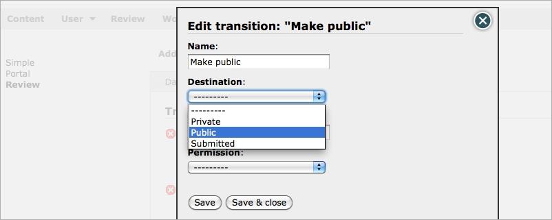 Repeat step 10 for Make private and Submit. Afterwards you should have three transitions as displayed in the image below. Now you will assign the destination states for the transitions.