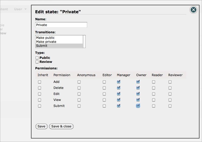 Click on the Submitted state. Within the edit dialog, select the Make public transition (you could of course select more transitions if appropriate). Check Review as type.