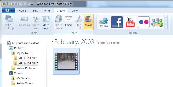 Then click the Import button After the video is imported into Windows Live Photo Gallery, click the Create Tab and choose the Movie tool. The video will be added to the movie.