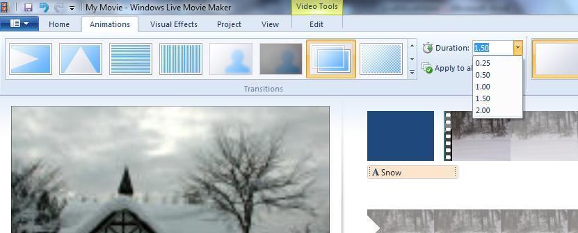 9 The duration of the transition can be adjusted in the same tab view. Exercise 1 Create your own video about snow. In creating your video, you should: 1. Use the Add video and photos tool 2.