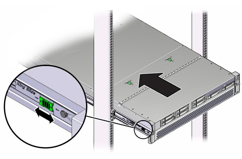 Verify Operation of Slide Rails and CMA When the server is fully extended, you must release two sets of slide rail stops to return the server to the rack. a. The first set of stops are levers, located on the inside of each slide rail, just behind the rear panel of the server.