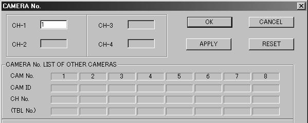 FUNCTIONS OF EACH CAMERA No. WINDOW ELEMENT This window lets you assign numbers (1 to 16) to each channel for the cameras that are connected to the image server.