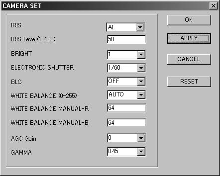 FUNCTIONS OF EACH CAMERA SET WINDOW ELEMENT This window lets you make detailed settings that determine the camera operating parameters.