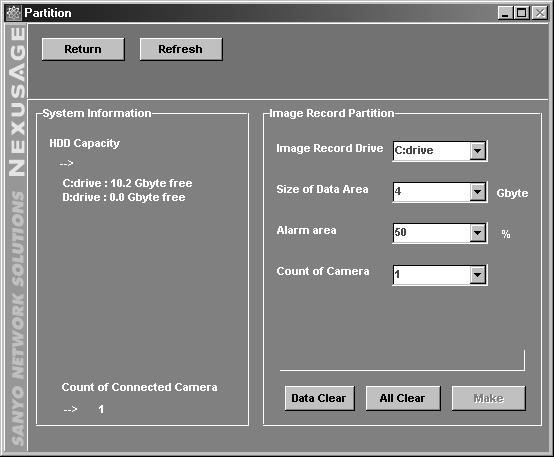 FUNCTIONS OF EACH PARTITION SETTING WINDOW ELEMENT The hard disk recording areas are set according to the recording mode to be used.