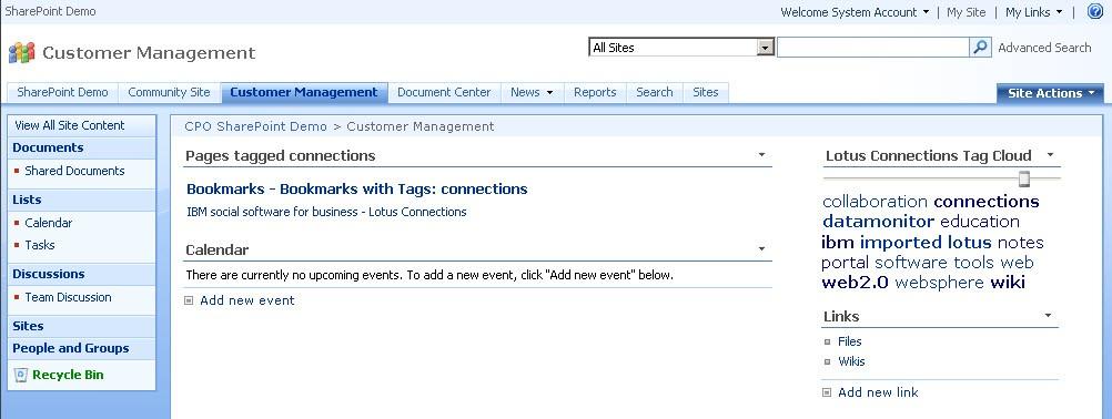The Connections tag cloud Web part can be easily added to any SharePoint site and be configured by the site owner.