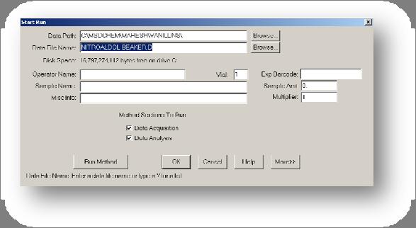 Figure 5. Start Run Window. You can monitor the data collection on the screen in the Total Ion and Spectrum windows. A standard report will print automatically once the run is complete.
