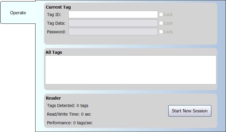 Chapter 4: Operate Tab From the operate tab the user can see information on the current tag being read and also a log of all tags read during the session.