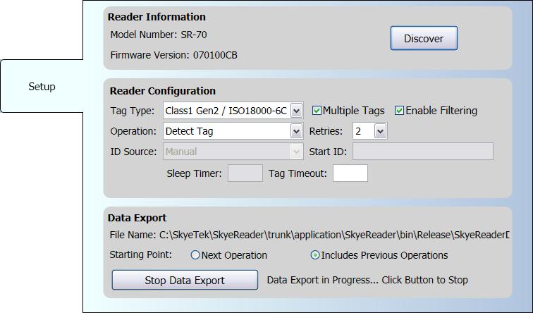 Chapter 5: Setup Tab The setup tab contains several panels allowing the user to configure several reader settings, such as tag type and operation, as well as exporting data.