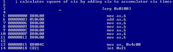 add AX,0x1234 e. Store 0xFFFF into AX add AX, 0xFFFF 21. Write a program in assembly language that calculates the square of six by adding six to the accumulator six times.