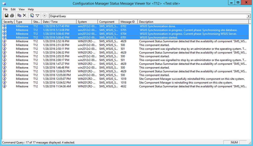 4 In the message viewer, you will see the "WSUS Synchronization done" record.