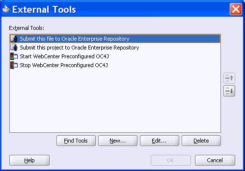 Configuring the Harvester 5. Save the tools.xml file in the <jdeveloper_home>\jdev\system\oracle.jdeveloper.10.1.xxxxx directory. 6. Launch Oracle JDeveloper and click Tools > External Tools.