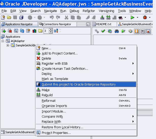 Configuring Harvester for Oracle JDeveloper 2. Select Submit this file to Oracle Enterprise Repository and click Edit. 3. On the Properties tab, edit registry.url, registry.username, and registry.