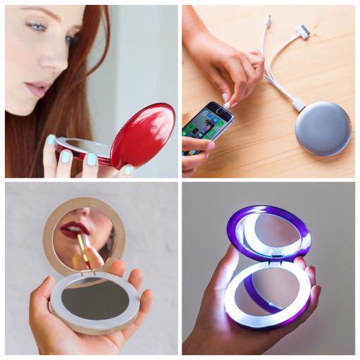 Pearl Compact Mirror USB Battery Compact mirror with built-in 3000mAh USB battery pack 10W (5V, 2.1A) USB output and 5W micro USB charging input. 4 stage LED battery level indicator.