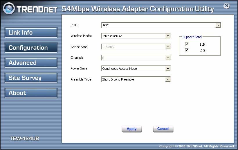 Signal Strength: Shows the wireless signal strength of the connection between the Wireless LAN USB 2.0 Adapter with the Access Point.