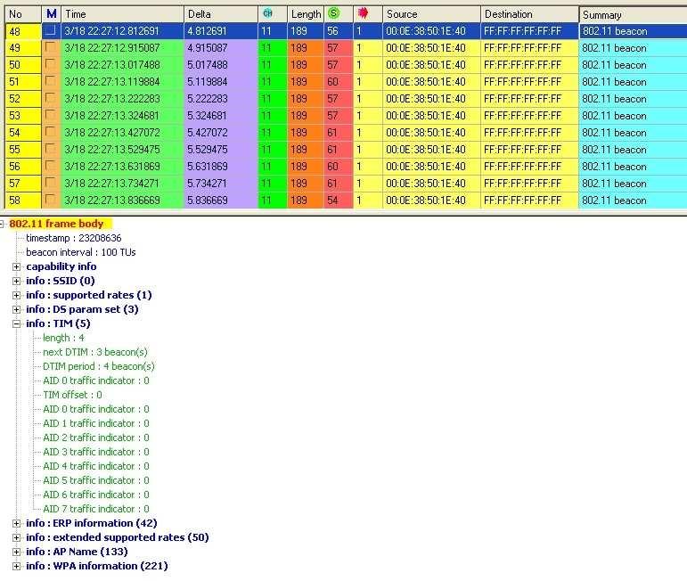 Given the frame capture and the decode shown, after which Beacons in the list shown (as indicated by the frame number in the leftmost column) would multicast traffic have been sent in this