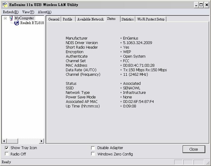 2.5. Status In Status tab, you can find the information, included Manufacturer, NDIS Driver Version, Radio Header,