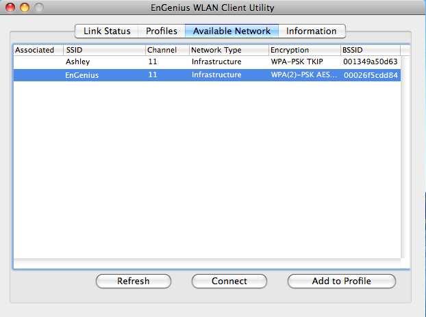 3.4. WLAN Client Utility - Available Network The Available Network displays a list of Access Points in the area, and allows you to connect to a specific one.