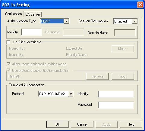 Session Resumption: Enable/disable the function. NOTE: If unsure about this setting, ask your 802.1x authentication administrator. Identity: Enter the 802.1x identity here.