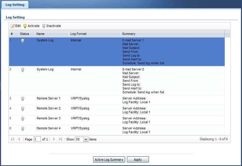 Chapter 12 Log and Report 12.3.1 Log Setting To access this screen, click Configuration > Log & Report > Log Setting.