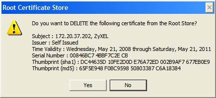 5 In the Root Certificate Store dialog box, click Yes.