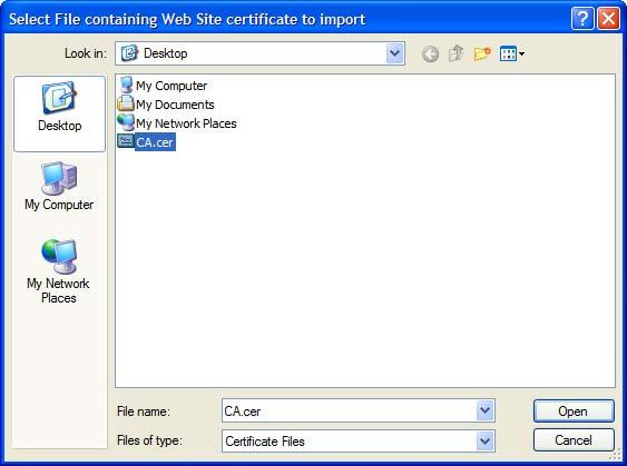 Appendix A Importing Certificates 3 In the Certificate Manager dialog box, click Web Sites > Import. 4 Use the Select File dialog box to locate the certificate and then click Open.