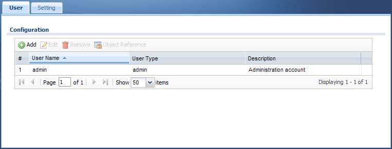 Chapter 7 User 7.2 User Summary The User screen provides a summary of all user accounts. To access this screen click Configuration > Object > User.